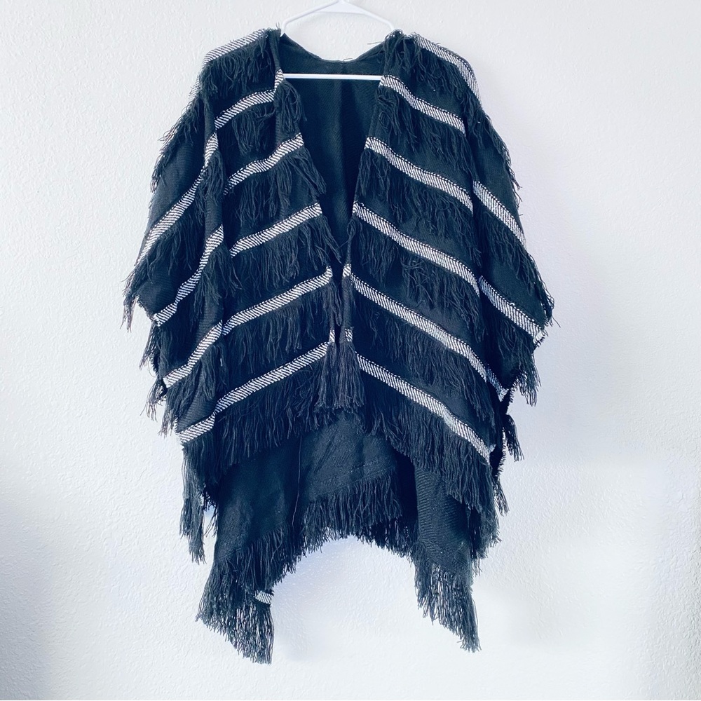 🍓 Boho Western Fringe Striped Open Front Southwestern Poncho Coverup One Size